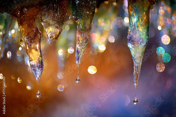 Obraz Icicles are suspended from a roof edge as sunlight creates a rainbow in the snowy landscape. The scene captures the beauty of winter at dusk, showcasing nature's wonders