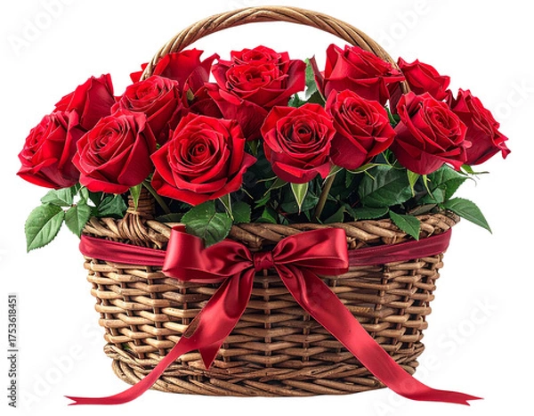 Obraz Front View of Red Rose Basket with Decorative Ribbon, Isolated