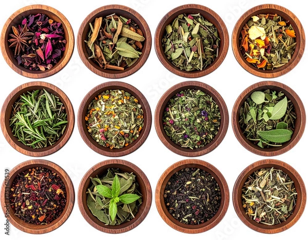 Obraz  Top-Down View of Wooden Bowls Filled with Mixed Dried Herbs, Isolated