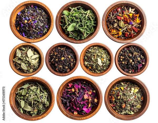 Obraz Top-Down View of Wooden owls Filled with Mixed Dried Herbs, Isolated