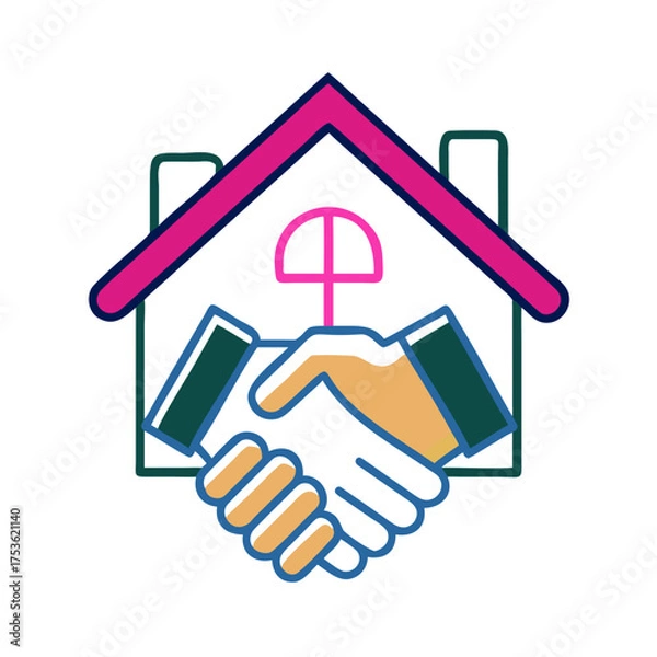 Fototapeta Hands shaking in front of a stylized house icon, symbolizing partnership and collaboration in real estate, emphasizing trust and community engagement in housing market