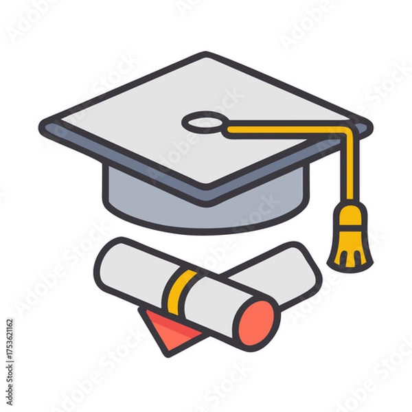Fototapeta Graduation cap and diploma illustration, symbolizing academic achievement and success, representing education and future opportunities in a colorful and engaging design