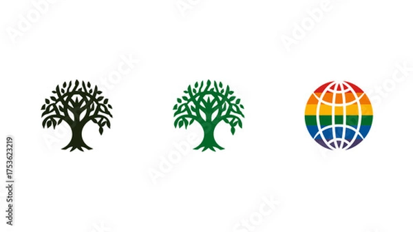 Fototapeta Stylized black and green tree icons with a vibrant rainbow colored globe symbol representing nature, growth, and diversity on a clean white background.