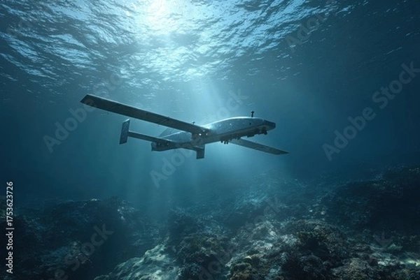Fototapeta An underwater drone exploring the depths of the ocean, showcasing technological innovation. The drone hovers near coral formations, with sunlight filtering through the water