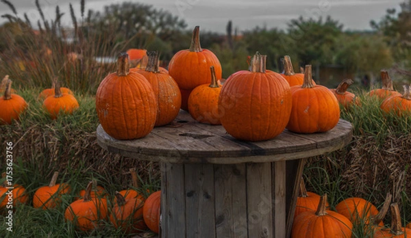 Fototapeta pumpkins on a old wooden table