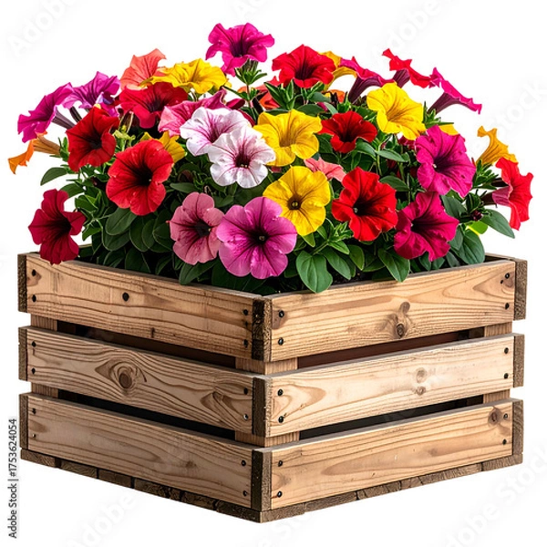 Fototapeta A wooden crate overflows with a vibrant mix of colorful, petunia flowers