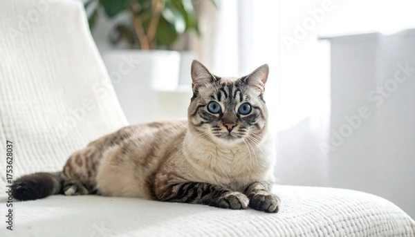 Obraz A stunning feline, boasting mesmerizing blue eyes, reclines regally on a cozy, textured white chair indoors, bathed in soft natural light