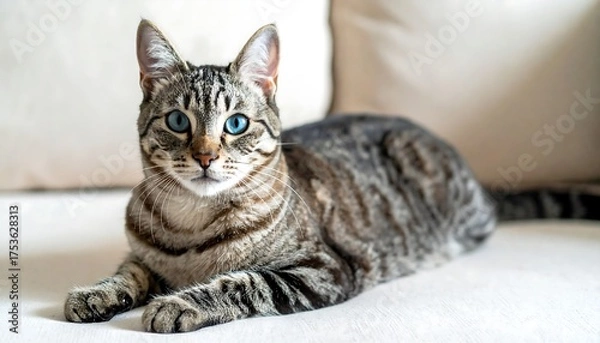 Obraz A stunning feline lounges on a plush, white surface. The animal features striking blue eyes and a tabby coat, gazing directly at the viewer. It appears relaxed