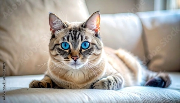 Obraz A stunning feline with piercing blue eyes reclines on a soft, neutral-toned sofa. The cat displays intricate tabby markings