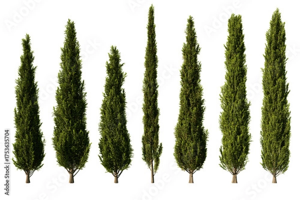 Obraz Six Cupressus sempervirens trees isolated on white background