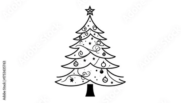 Obraz A stylized, black and white Christmas tree illustration. Decorated with ornaments, swirls, stars, and topped with a five-pointed star