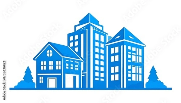 Obraz A stylized blue depiction of a cityscape, including houses, skyscrapers, and trees, all in a minimalist design