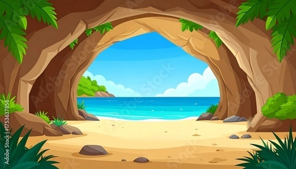 Obraz A stylized cartoon illustration shows a cave opening onto a tropical beach scene. The light blue sea meets the horizon. Lush foliage frames the view