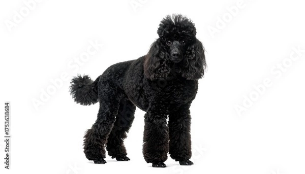 Fototapeta A stately black Poodle stands poised against a stark white backdrop, its curly coat perfectly groomed