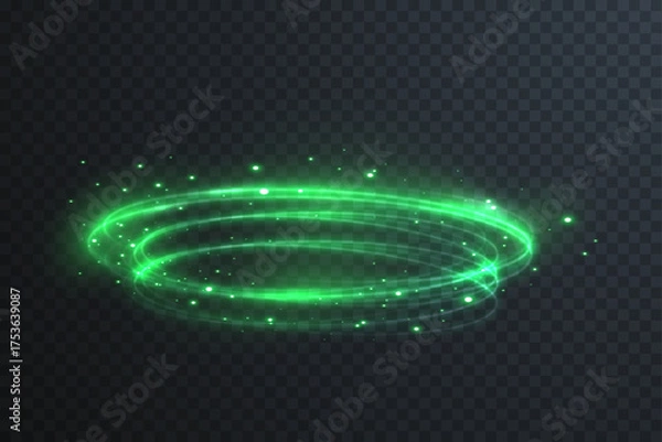 Fototapeta Glowing green halo ring with neon gradient and particle sparkle. Abstract futuristic symbol representing orbit, light, and dynamic motion energy.