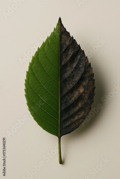 Obraz Half Green Half Burnt Leaf Symbolizing Climate Change and Renewal
