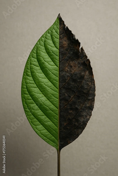 Obraz Dramatic Half Green Half Burnt Leaf Highlighting Climate Crisis
