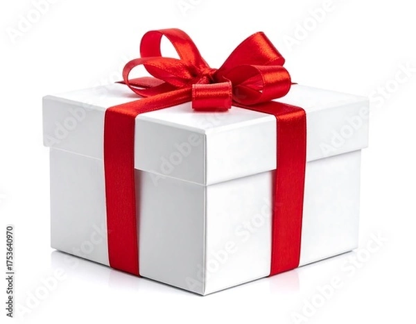 Fototapeta A pristine white box, tied with a vibrant red ribbon and bow, sits isolated against a plain white backdrop. It evokes celebration