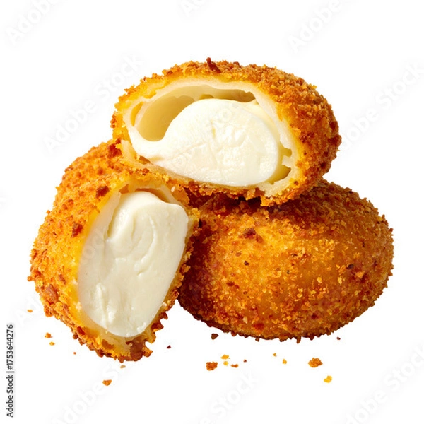 Fototapeta Close-up of breaded, deep-fried, round cheese balls, one cut in half
