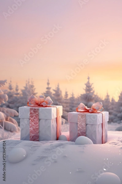 Fototapeta Christmas gift pair with red ribbons on snow covered surface, snowfall and abstract background with snowflakes, spruce trees and sunset.