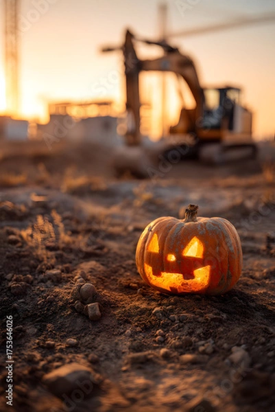 Fototapeta A glowing Halloween pumpkin sits on dusty sand at a construction site during sunset—blending festive warmth with gritty industrial textures.
