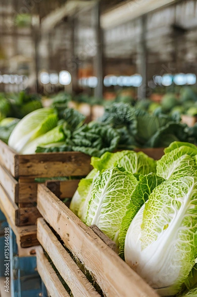 Fototapeta Napa cabbage harvested in wooden boxes in a warehouse. Natural organic fruit abundance. Healthy and natural food storing and shipping concept.
