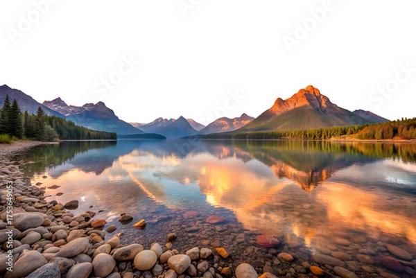 Obraz A stunning mountain lake landscape at sunrise, with clouds and fog covering the water, creating a peaceful reflection of the nature beauty