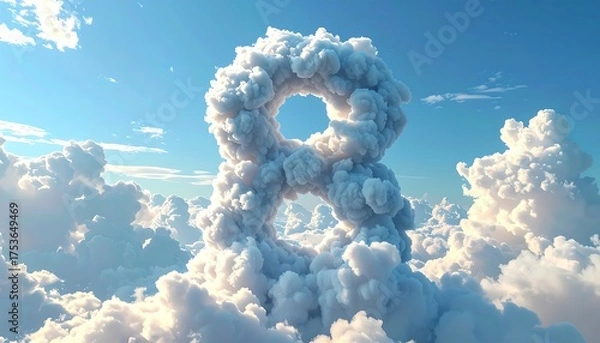 Obraz A stylized numeral eight formed from fluffy clouds against a bright blue sky filled with scattered white cumulus clouds, giving a whimsical aesthetic