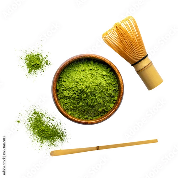 Fototapeta Overhead shot of matcha powder in a wooden bowl, with a whisk and scattered powder