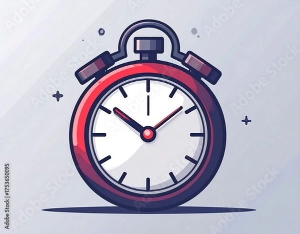 Obraz A stylized red and white alarm clock illustration, featuring a round face with hands pointing to a specific time, and a shadow underneath