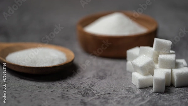 Fototapeta Sugar In Wooden Spoon and sugar cubes on gray background. Close up,Pile of sugar cubes on the table