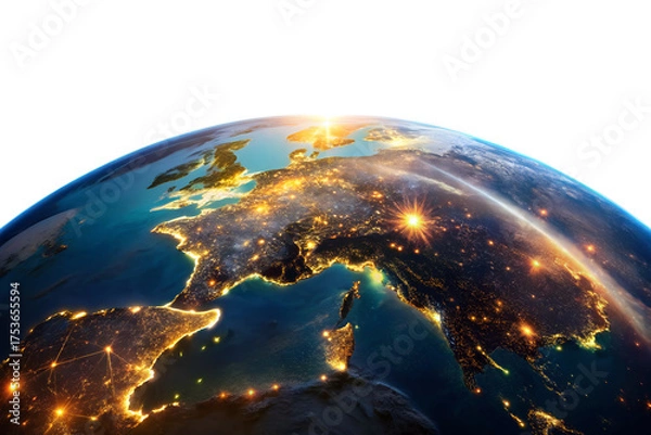 Obraz A vibrant blue planet, the Earth, illuminated by the Sun and accompanied by the Moon, is viewed as a luminous sphere in black space