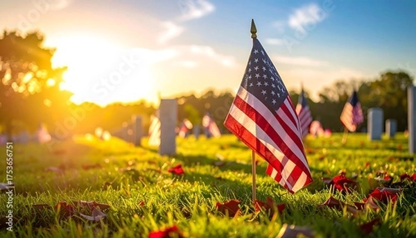 Obraz A sunlit graveyard scene at dusk features multiple American flags placed on graves amidst green grass. The warm sunset highlights the setting