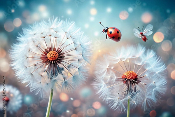 Obraz A beautiful ladybug beetle rests on a vibrant purple echinacea flower in the summer garden