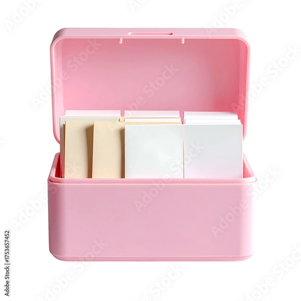 Obraz Pink, rectangular container with open lid, holding neatly stacked, light-colored sticky notes