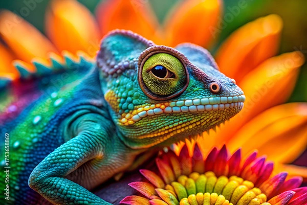 Obraz A stunning close-up portrait of a green iguana on a tree branch, highlighting its reptile scales and piercing eye