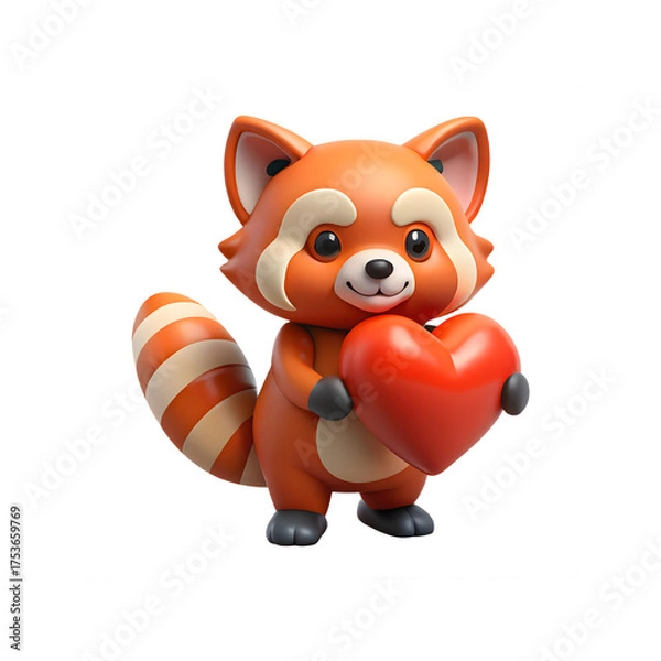 Obraz Adorable Red Panda Holding Heart in a Heartwarming Cartoon Illustration on a Crisp White Canvas, Symbolizing Affection
