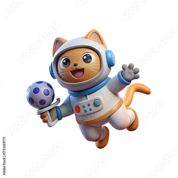 Fototapeta Charming Cartoon Cat Astronaut Floating in Space Holding an Instrument with a Smiling Expression on a Clean White Backdrop