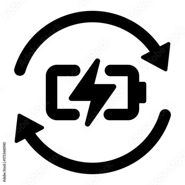 Fototapeta Black single recharge battery glyph icon, simple charging power with repeat arrow flat design pictogram, infographic illustration for app logo web button ui ux interface elements