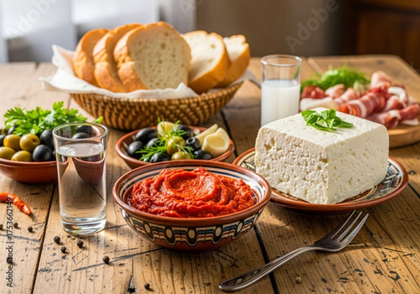 Fototapeta Rustic table set with ajvar, white cheese, olives, bread, and a glass of rakija. A cozy traditional Balkan meal, showcasing homemade ajvar as part of a warm and authentic food culture.