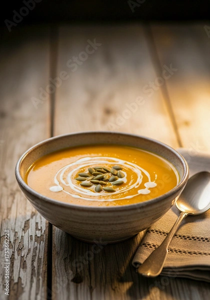 Fototapeta Bowl of creamy pumpkin soup topped with a swirl of cream and roasted pumpkin seeds, served on rustic wooden table in warm light.Perfect cozy autumn meal.