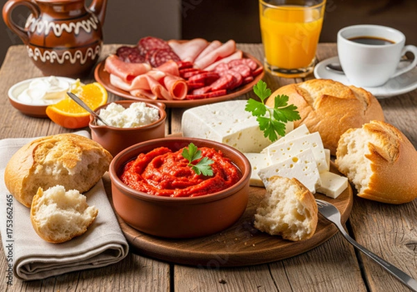 Fototapeta Homemade ajvar served on a wooden table with white cheese, fresh bread, and olives. A simple yet flavorful traditional Balkan meal that reflects the warmth of homemade food and local culture. 