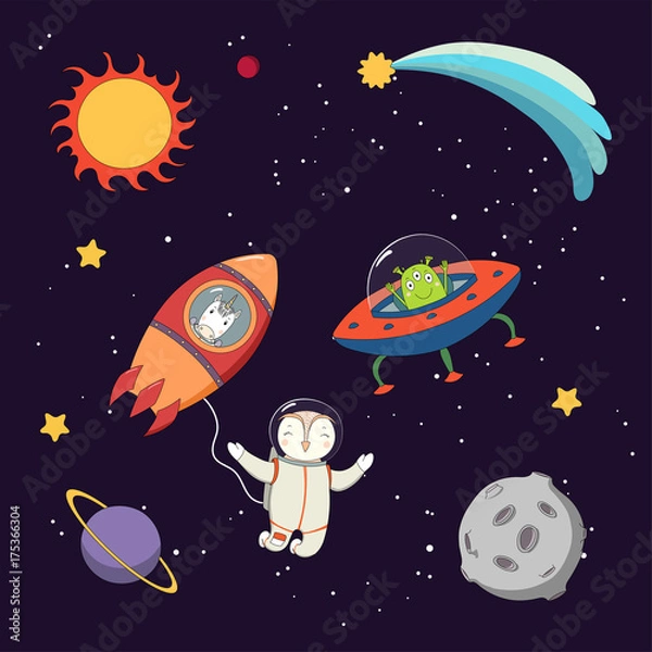 Fototapeta Hand drawn colorful vector illustration of a cute funny alien in a flying saucer, unicorn astronaut in a rocket and owl on a spacewalk, on a dark background.