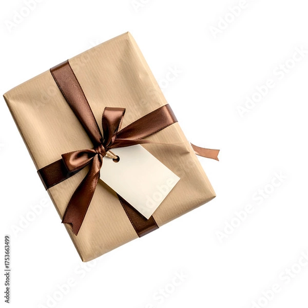 Fototapeta A wrapped rectangular gift, brown paper and ribbon, a blank tag, against black