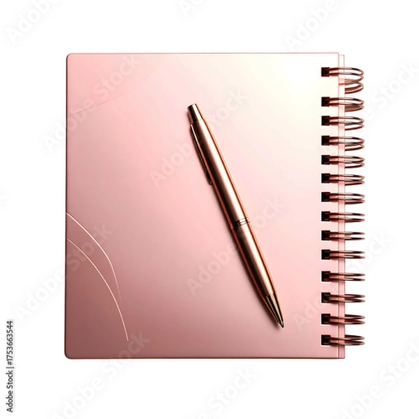 Fototapeta A rose-gold spiral notebook with a matching pen against a black backdrop