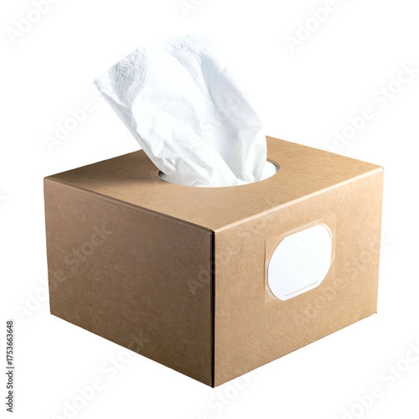 Fototapeta A brown cardboard tissue box with a white tissue pulled out from the circular opening