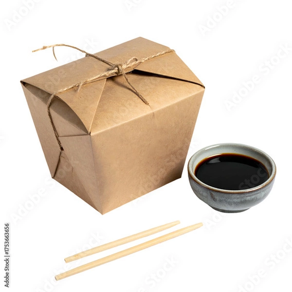 Fototapeta A takeout food container tied with twine and a small bowl of dark sauce with chopsticks
