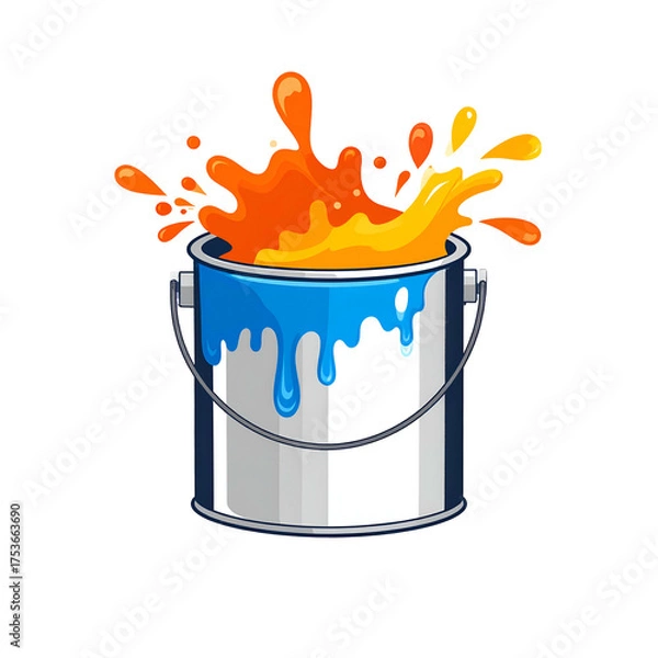 Fototapeta Cartoon paint can with blue paint dripping and a burst of orange and yellow splashes above