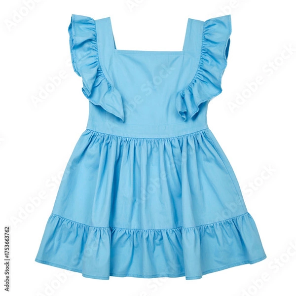 Fototapeta A light blue, square-neck dress with frills on the straps and hem against a black background