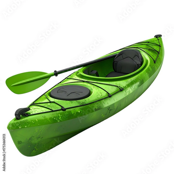 Fototapeta Bright green kayak with paddle, seat, and bungee cords, set against a black background